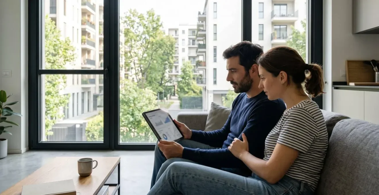 Una coppia di trentenni vista di profilo consulta un tablet con grafici immobiliari seduta vicino a una finestra luminosa in un appartamento moderno milanese