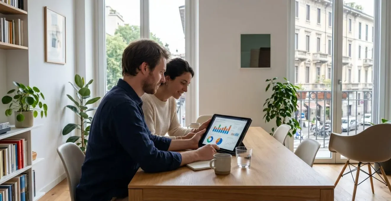Una coppia di trentenni vista di profilo consulta un tablet con grafici immobiliari seduta vicino a una finestra luminosa in un appartamento moderno milanese