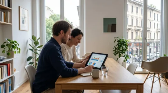 Una coppia di trentenni vista di profilo consulta un tablet con grafici immobiliari seduta vicino a una finestra luminosa in un appartamento moderno milanese
