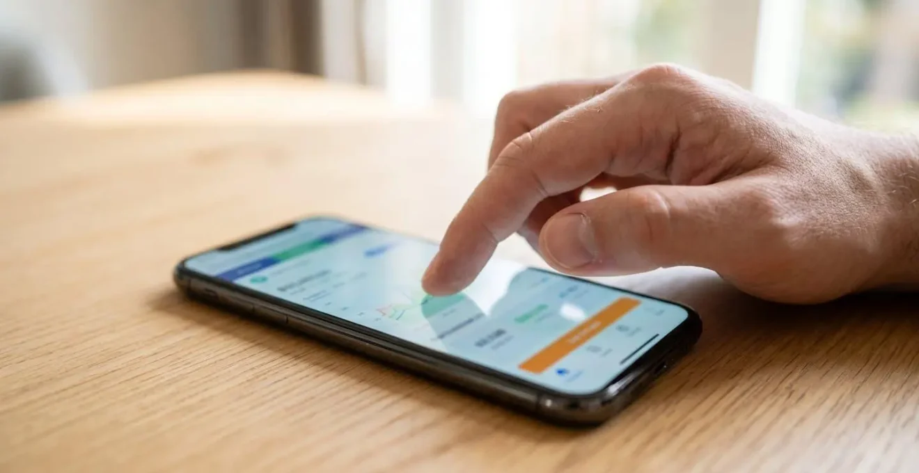 Primo piano di una mano che scorre con il dito su uno smartphone mostrando un grafico di andamento prezzi con schermo parzialmente sfocato, su superficie di legno chiaro con sfondo luminoso bokeh