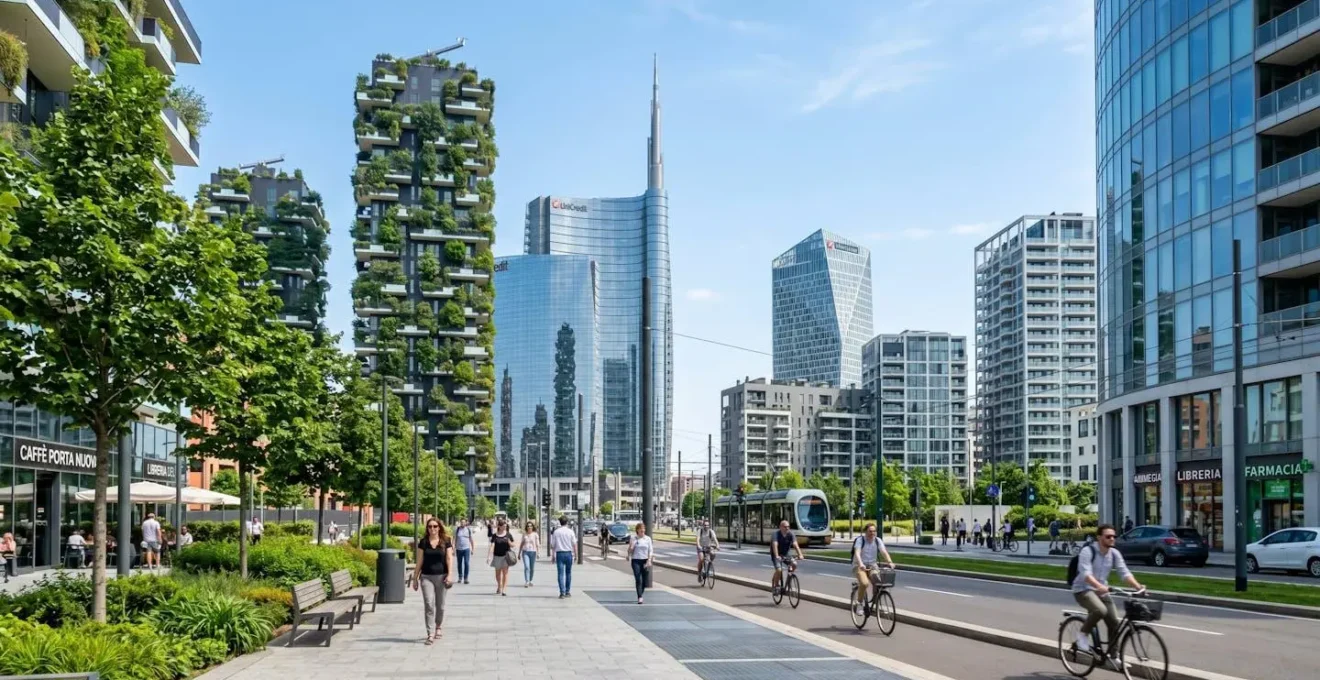 Veduta grandangolare di un quartiere milanese contemporaneo con edifici moderni della zona Porta Nuova, strada pulita, ambiente urbano luminoso in una giornata di sole con edifici sfocati sullo sfondo
