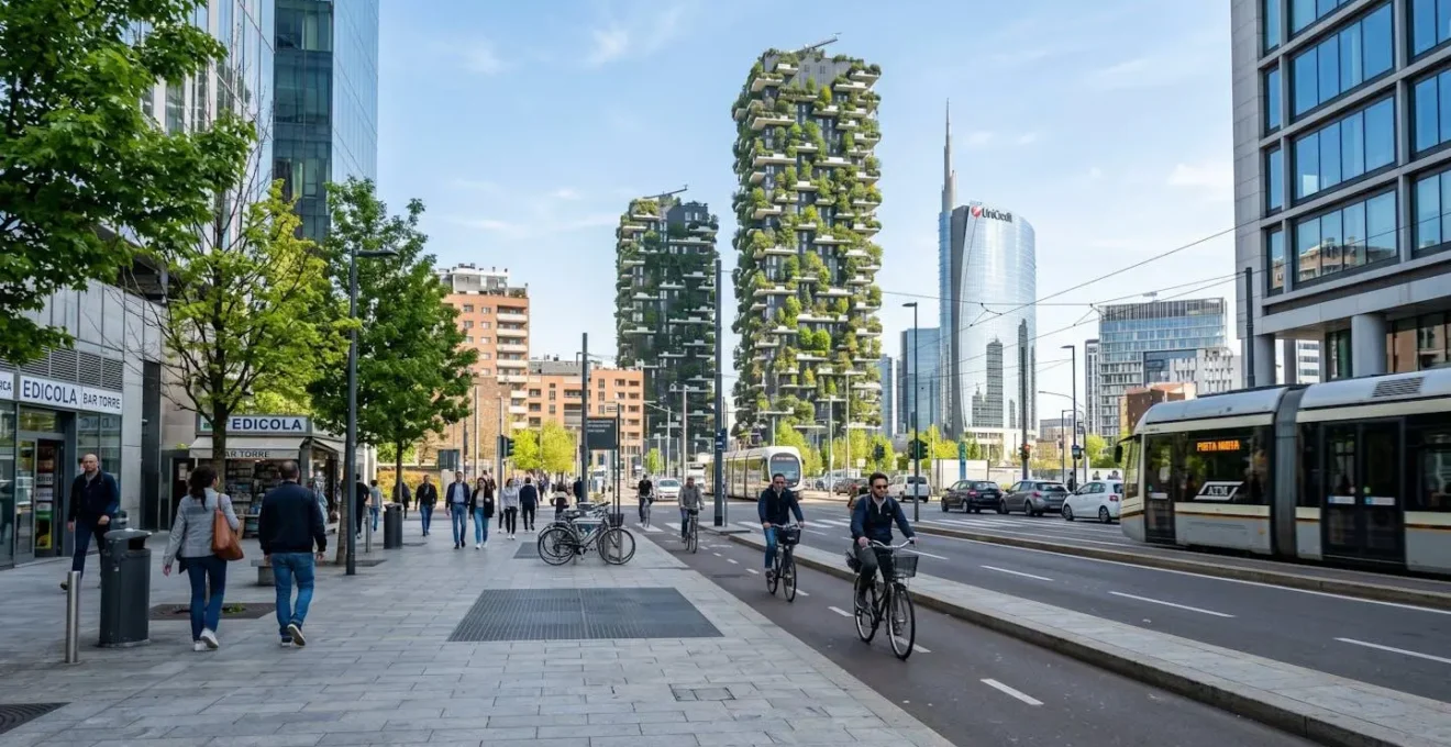 Veduta grandangolare di un quartiere milanese contemporaneo con edifici moderni della zona Porta Nuova, strada pulita, ambiente urbano luminoso in una giornata di sole con edifici sfocati sullo sfondo